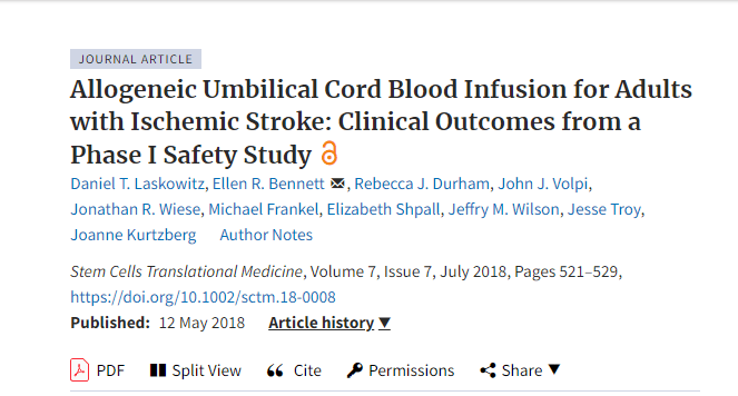 杜克大學:臍帶干細胞治療成人缺血性中風的I期安全性研究
