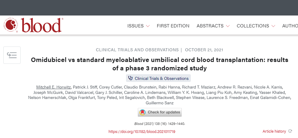 Omidubicel 對比標(biāo)準(zhǔn)清髓性臍帶血移植:一項3期隨機(jī)研究的結(jié)果 Omidubicel對比標(biāo)準(zhǔn)清髓性臍帶血移植:一項3期隨機(jī)研究的結(jié)果