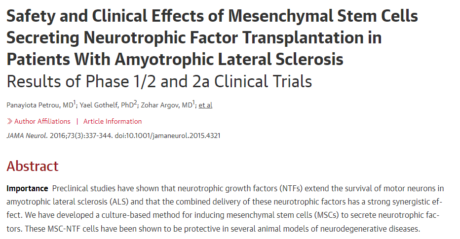 間充質干細胞移植治療肌萎縮側索硬化癥的安全性及臨床效果1/2期及2a期臨床試驗結果 間充質干細胞移植治療肌萎縮側索硬化癥的安全性及臨床效果1/2期及2a期臨床試驗結果