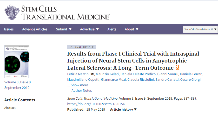 脊髓內注射神經干細胞治療肌萎縮性側索硬化癥的I期臨床試驗結果:一個長期結果 脊髓內注射神經干細胞治療肌萎縮性側索硬化癥的I期臨床試驗結果:一個長期結果