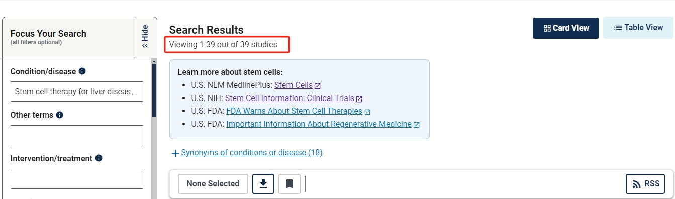 干細(xì)胞治療肝病的臨床研究項(xiàng)目有39項(xiàng)