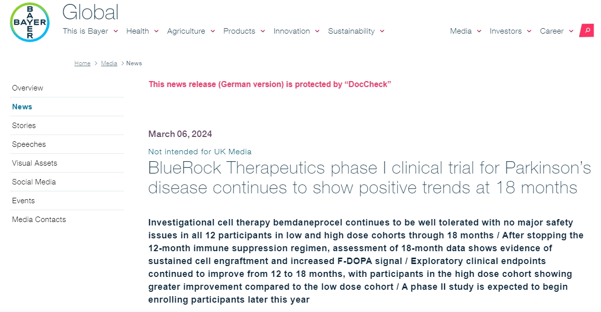 BlueRock Therapeutics 帕金森病第一階段臨床試驗在 18 個月內繼續呈現積極趨勢 BlueRock Therapeutics 帕金森病第一階段臨床試驗在 18 個月內繼續呈現積極趨勢