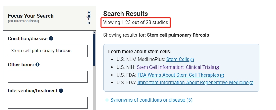 干細胞治療肺纖維化的臨床研究項目有23項。