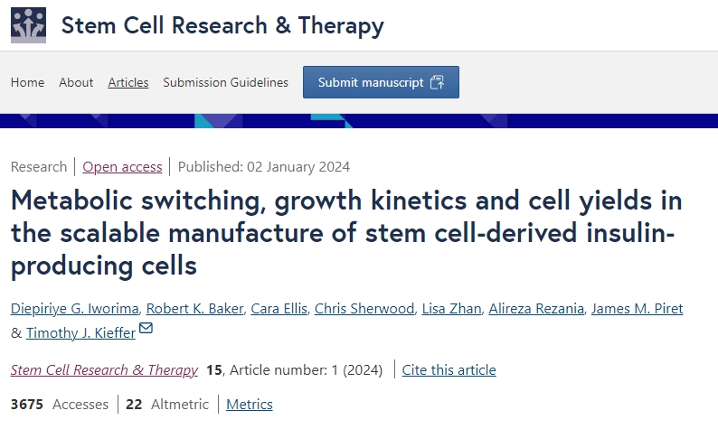 干細胞衍生的胰島素生產(chǎn)細胞的可擴展制造中的代謝轉換、生長動力學和細胞產(chǎn)量