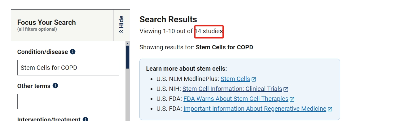 clinicaltrials.gov網站上注冊的有關干細胞治療慢性阻塞性肺病的臨床研究項目有14項。其中已完成的有6項。 clinicaltrials.gov網站上注冊的有關干細胞治療慢性阻塞性肺病的臨床研究項目有14項。其中已完成的有6項。