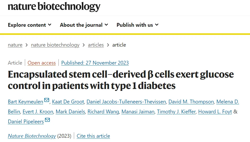 封裝干細胞衍生的 β 細胞對 1 型糖尿病患者發揮血糖控制作用 封裝干細胞衍生的 β 細胞對 1 型糖尿病患者發揮血糖控制作用