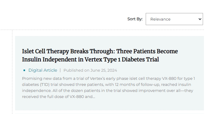胰島細胞療法取得突破：Vertex 1 型糖尿病試驗中三名患者不再依賴胰島素