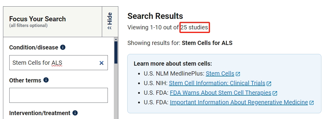 干細胞治療肌萎縮側(cè)索硬化癥的臨床研究項目有25項。其中已完成的有8項。