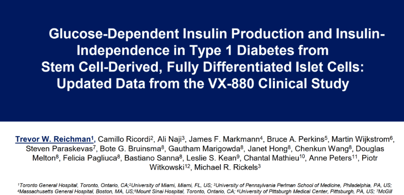 1 型糖尿病患者中來自干細(xì)胞衍生的完全分化胰島細(xì)胞的葡萄糖依賴性胰島素生成和胰島素非依賴性:VX-880 臨床研究的最新數(shù)據(jù) 1 型糖尿病患者中來自干細(xì)胞衍生的完全分化胰島細(xì)胞的葡萄糖依賴性胰島素生成和胰島素非依賴性:VX-880 臨床研究的最新數(shù)據(jù)