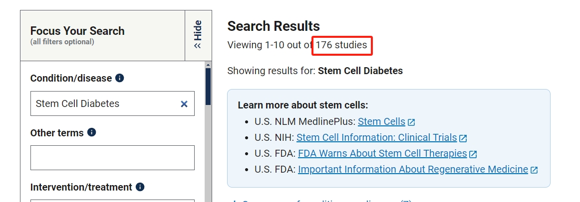 clinicaltrials.gov網(wǎng)站上注冊(cè)的有關(guān)干細(xì)胞治療糖尿病的臨床研究項(xiàng)目有176項(xiàng)。其中已完成的有72項(xiàng)。 clinicaltrials.gov網(wǎng)站上注冊(cè)的有關(guān)干細(xì)胞治療糖尿病的臨床研究項(xiàng)目有176項(xiàng)。其中已完成的有72項(xiàng)。