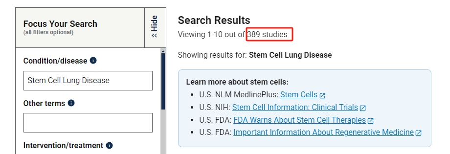 干細胞治療肺部疾病的臨床研究項目有389項。其中已完成的有138項。