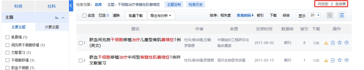 中國知網cnki.net網站上已經有2個干細胞治療脊髓性肌萎縮癥的相關文章。 中國知網cnki.net網站上已經有2個干細胞治療脊髓性肌萎縮癥的相關文章。