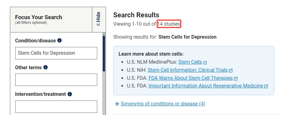 干細胞治療抑郁癥臨床研究項目有14項。其中已完成的有10項。
