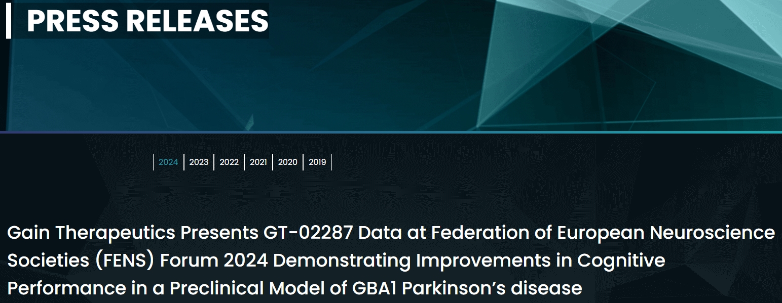Gain Therapeutics在2024年歐洲神經科學學會聯合會 (FENS) 論壇上展示GT-02287數據，證明GBA1帕金森病臨床前模型的認知能力有所改善