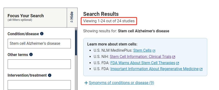 干細胞治療阿爾茨海默病的臨床研究項目有24項。