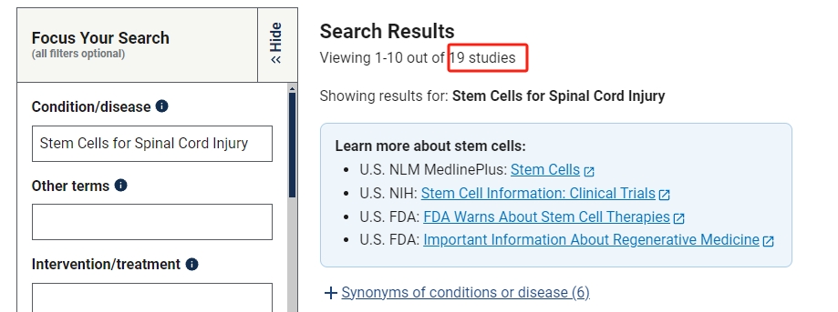 干細(xì)胞治療脊髓損傷臨床研究項(xiàng)目有19項(xiàng)。其中國(guó)內(nèi)發(fā)布的占據(jù)2項(xiàng)。 干細(xì)胞治療脊髓損傷臨床研究項(xiàng)目有19項(xiàng)。其中國(guó)內(nèi)發(fā)布的占據(jù)2項(xiàng)。