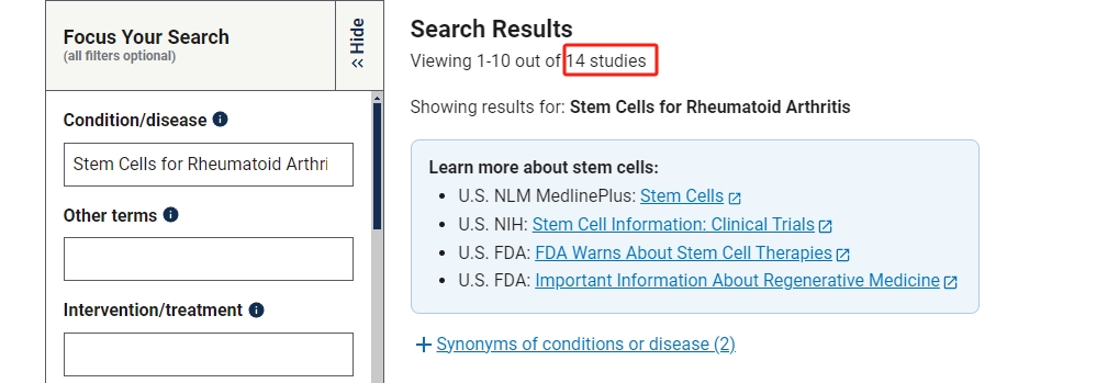 干細胞治療類風濕關節炎臨床研究項目有14項。其中國內發布的占據4項。