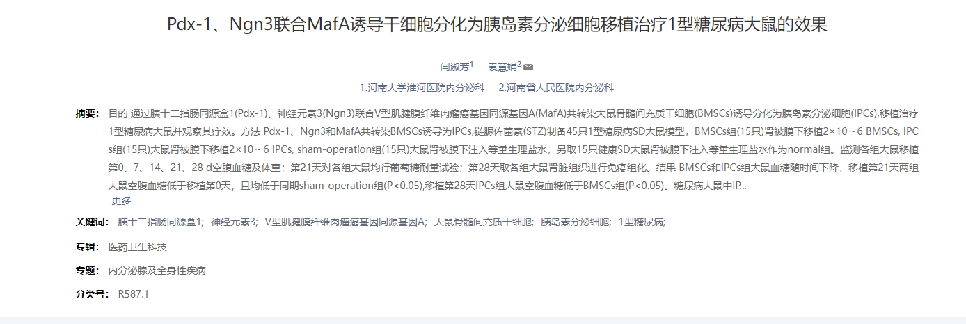 dx-1、Ngn3聯合MafA誘導干細胞分化為胰島素分泌細胞移植治療1型糖尿病大鼠的效果