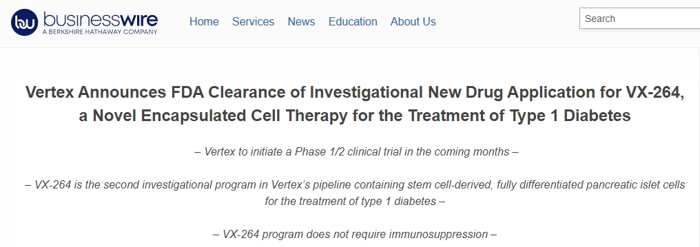 Vertex宣布FDA批準VX-264的新藥臨床試驗申請，VX-264是一種用于治療1型糖尿病的新型封裝細胞療法