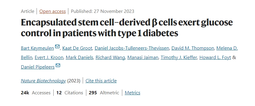 封裝的干細胞衍生β細胞在1型糖尿病患者中發(fā)揮血糖控制作用 封裝的干細胞衍生β細胞在1型糖尿病患者中發(fā)揮血糖控制作用
