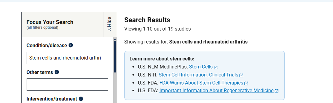 clinicaltrials.gov網站上注冊的有關干細胞治療類風濕關節炎臨床研究項目有19項 clinicaltrials.gov網站上注冊的有關干細胞治療類風濕關節炎臨床研究項目有19項