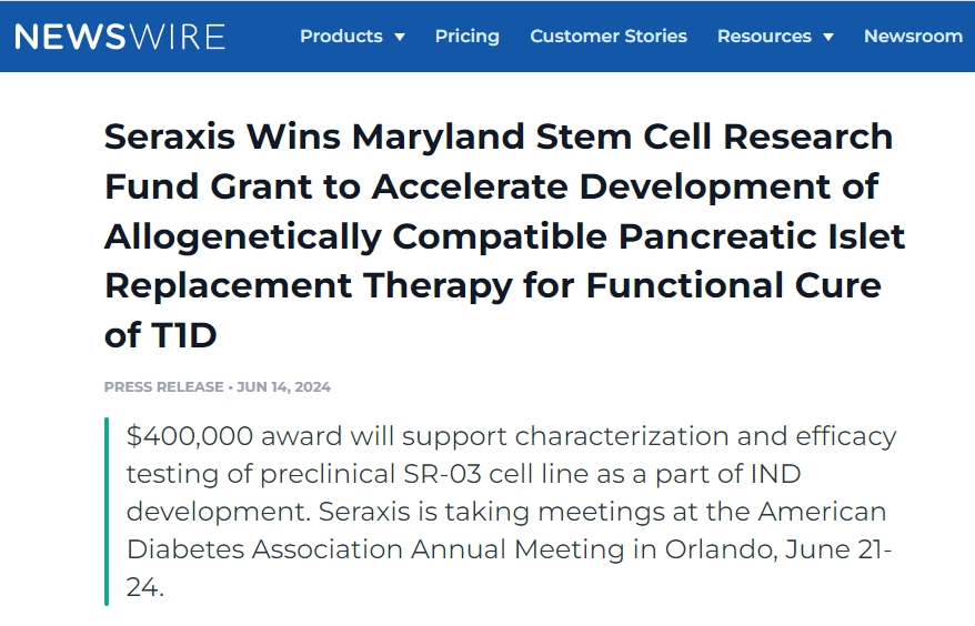 Seraxis 獲得馬里蘭州干細胞研究基金資助,加速開發同種異體相容性胰島替代療法,實現 1 型糖尿病功能性治愈 Seraxis 獲得馬里蘭州干細胞研究基金資助,加速開發同種異體相容性胰島替代療法,實現 1 型糖尿病功能性治愈