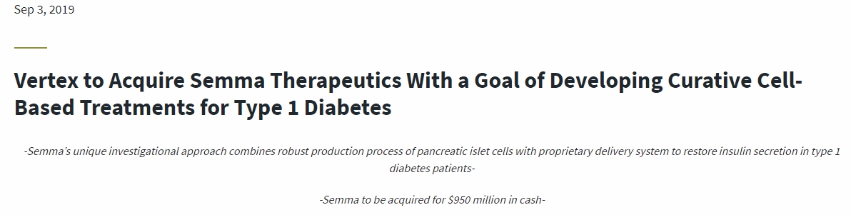 Vertex 收購 semma Therapeutics,旨在開發 1 型糖尿病的細胞療法 Vertex 收購 semma Therapeutics,旨在開發 1 型糖尿病的細胞療法