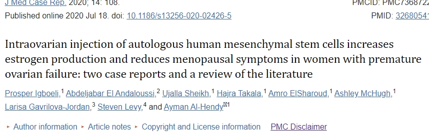 卵巢內注射自體人類間充質干細胞可增加卵巢早衰女性的雌激素產生并減少更年期癥狀