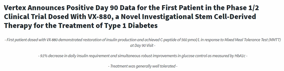 Vertex宣布1/2期臨床試驗中首位接受VX-880治療的患者第90天的陽性數據 Vertex宣布1/2期臨床試驗中首位接受VX-880治療的患者第90天的陽性數據