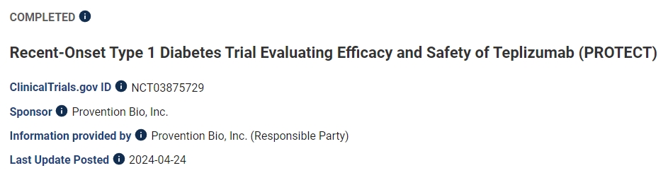 針對(duì)近期發(fā)病的 1 型糖尿病患者的試驗(yàn),評(píng)估 Teplizumab 的療效和安全性 (PROTECT) 針對(duì)近期發(fā)病的 1 型糖尿病患者的試驗(yàn),評(píng)估 Teplizumab 的療效和安全性 (PROTECT)
