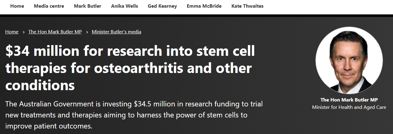 澳大利亞政府:投資3400萬美元用于骨關節炎和其他疾病的干細胞療法研究