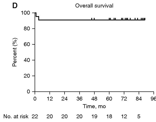 中位隨訪時(shí)間72(60,80)個(gè)月,5年總生存率為91% 中位隨訪時(shí)間72(60,80)個(gè)月,5年總生存率為91%