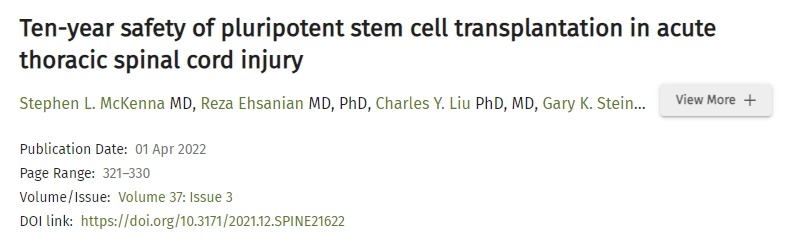多能干細胞移植治療急性胸段脊髓損傷的十年安全性 多能干細胞移植治療急性胸段脊髓損傷的十年安全性