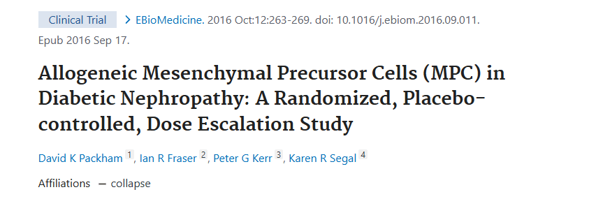 2016年9月17日，墨爾本腎臟研究小組在國際期刊《EBio Medicine》上發布了一篇《同種異體間充質前體細胞 (MPC) 在糖尿病腎病中的作用：一項隨機、安慰劑對照、劑量遞增研究》的研究結果。