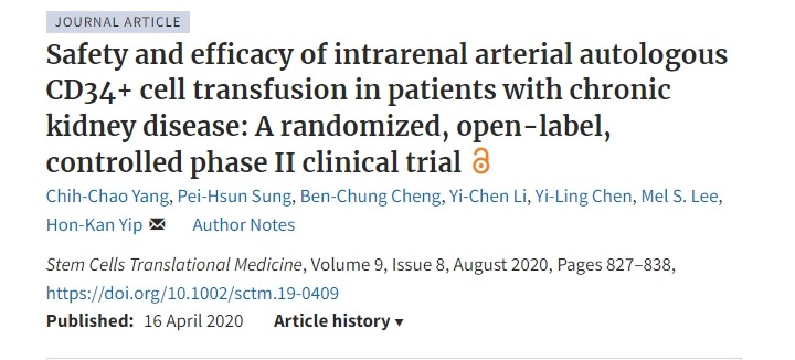 慢性腎臟病患者腎動(dòng)脈自體 CD34+ 細(xì)胞輸注的安全性和有效性：一項(xiàng)隨機(jī)、開(kāi)放標(biāo)簽、對(duì)照的 II 期臨床試驗(yàn)