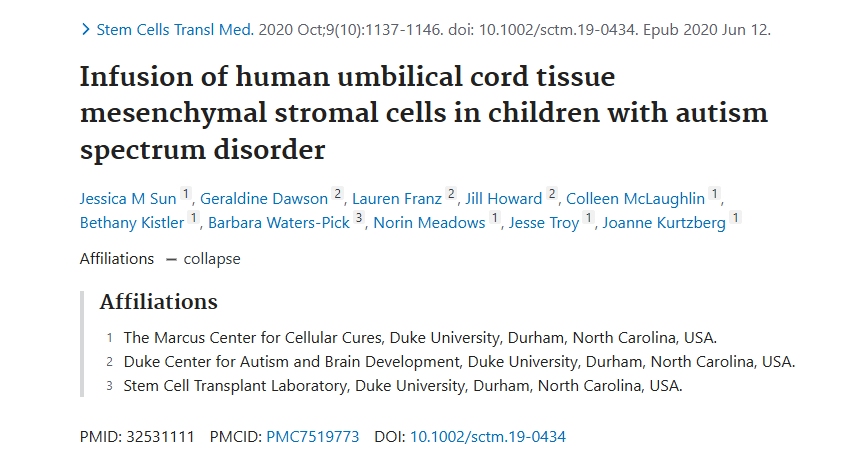 《人類臍帶組織間充質基質細胞輸注治療自閉癥譜系障礙兒童》 《人類臍帶組織間充質基質細胞輸注治療自閉癥譜系障礙兒童》