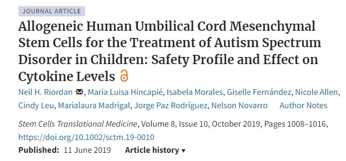 同種異體人臍帶間充質干細胞治療兒童自閉癥譜系障礙:安全性和對細胞因子水平的影響 同種異體人臍帶間充質干細胞治療兒童自閉癥譜系障礙:安全性和對細胞因子水平的影響