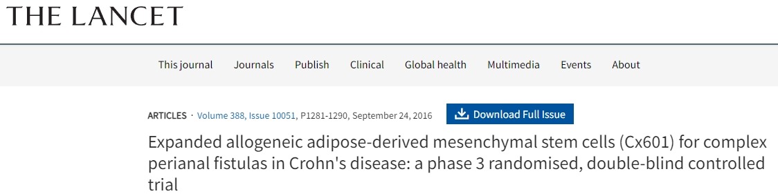 擴增同種異體脂肪間充質(zhì)干細胞(Cx601)治療克羅恩病復雜肛周瘺:一項3期隨機雙盲對照試驗 擴增同種異體脂肪間充質(zhì)干細胞(Cx601)治療克羅恩病復雜肛周瘺:一項3期隨機雙盲對照試驗