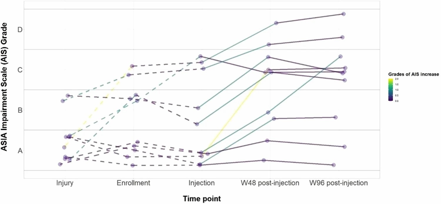 圖2:受傷、入組、注射和最終隨訪時的 AIS 等級。 圖2:受傷、入組、注射和最終隨訪時的 AIS 等級。