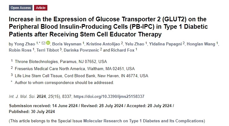 接受干細胞教育者治療后1型糖尿病患者外周血胰島素產生細胞 (PB-IPC) 葡萄糖轉運蛋白2 (GLUT2) 表達增加