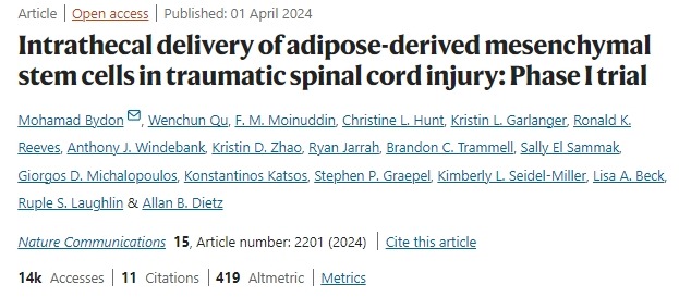 鞘內注射脂肪間充質干細胞治療創傷性脊髓損傷:I期臨床試驗 鞘內注射脂肪間充質干細胞治療創傷性脊髓損傷:I期臨床試驗