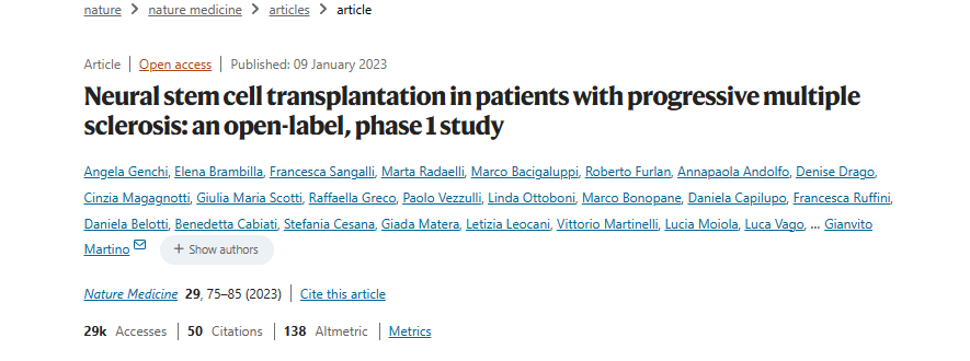 進行性多發(fā)性硬化癥患者的神經(jīng)干細胞移植:一項開放標(biāo)簽、I 期研究 進行性多發(fā)性硬化癥患者的神經(jīng)干細胞移植:一項開放標(biāo)簽、I 期研究