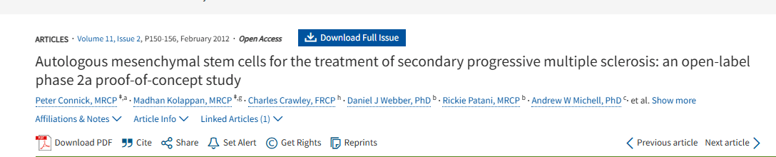 自體間充質(zhì)干細胞治療繼發(fā)性進行性多發(fā)性硬化癥:一項開放標(biāo)簽 2a 期概念驗證研究 自體間充質(zhì)干細胞治療繼發(fā)性進行性多發(fā)性硬化癥:一項開放標(biāo)簽 2a 期概念驗證研究
