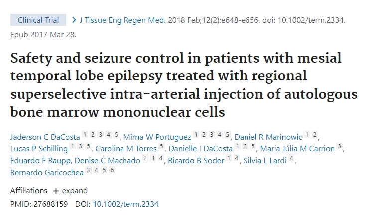 局部超選擇性動脈內注射自體骨髓單核細胞治療顳葉內側癲癇患者的安全性和癲癇發作控制 局部超選擇性動脈內注射自體骨髓單核細胞治療顳葉內側癲癇患者的安全性和癲癇發作控制