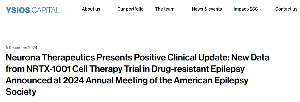 NeuronaTherapeutics在2024年美國癲癇協會年會上公布了耐藥性癲癇患者NRTX1001細胞療法試驗的新數據 NeuronaTherapeutics在2024年美國癲癇協會年會上公布了耐藥性癲癇患者NRTX1001細胞療法試驗的新數據