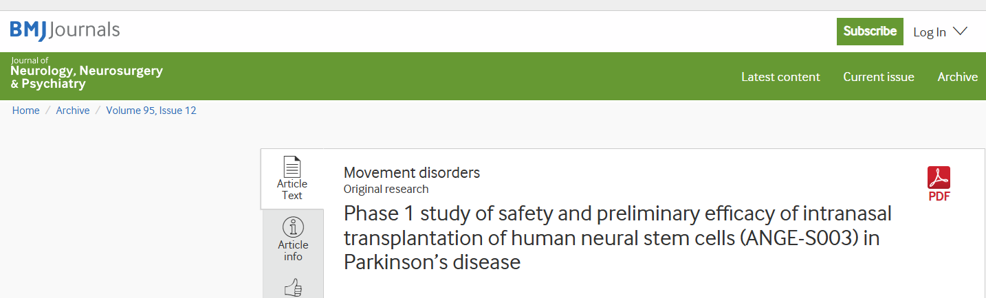 人類神經干細胞鼻腔內移植治療帕金森病的安全性及初步療效的1期研究（ANGE-S003）