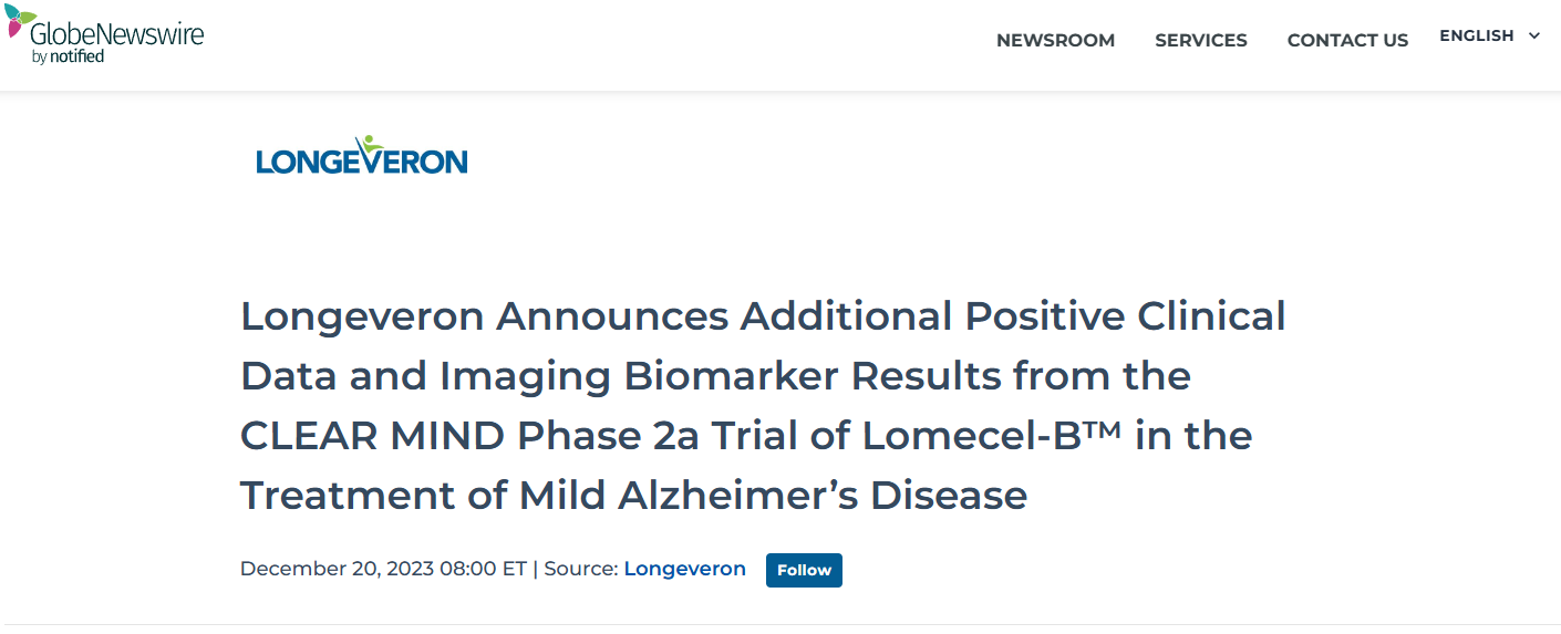 Lomecel-B? 的 2a 期 CLEAR MIND 試驗(yàn)的更多新臨床和生物標(biāo)志物結(jié)果。 Lomecel-B? 的 2a 期 CLEAR MIND 試驗(yàn)的更多新臨床和生物標(biāo)志物結(jié)果
