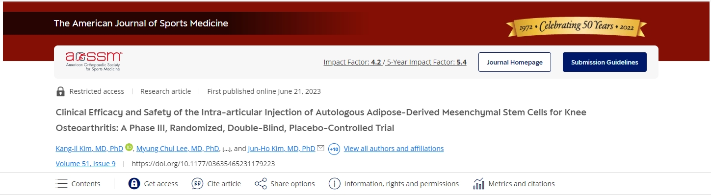 關節內注射自體脂肪間充質干細胞治療膝關節骨關節炎的臨床療效和安全性:一項III期、隨機、雙盲、安慰劑對照試驗 關節內注射自體脂肪間充質干細胞治療膝關節骨關節炎的臨床療效和安全性:一項III期、隨機、雙盲、安慰劑對照試驗