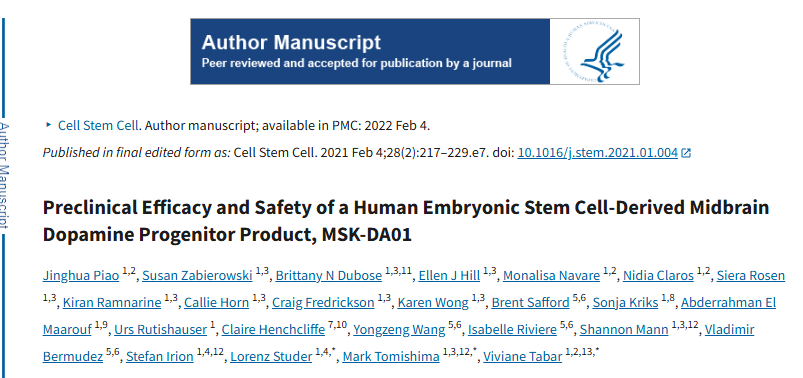 人類胚胎干細胞衍生的中腦多巴胺祖細胞產品 MSK-DA01 的臨床前療效和安全性 人類胚胎干細胞衍生的中腦多巴胺祖細胞產品 MSK-DA01 的臨床前療效和安全性