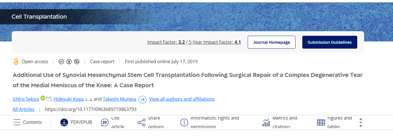 膝關(guān)節(jié)內(nèi)側(cè)半月板復(fù)雜退行性撕裂手術(shù)修復(fù)后滑膜間充質(zhì)干細胞移植的附加應(yīng)用：病例報告